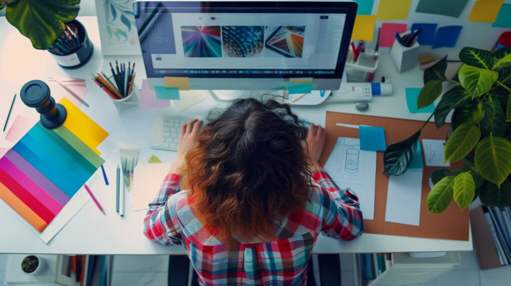 Female graphic designer working on a project on a computer with a cluttered desk