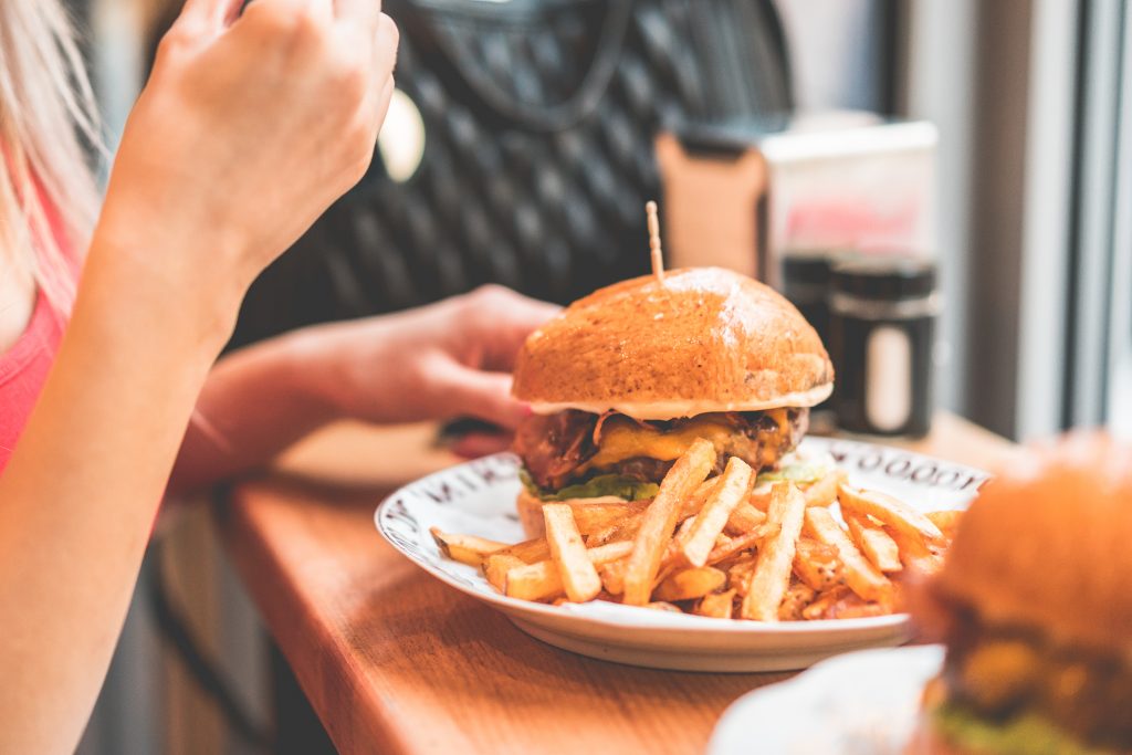 Burger and hot ships on the table