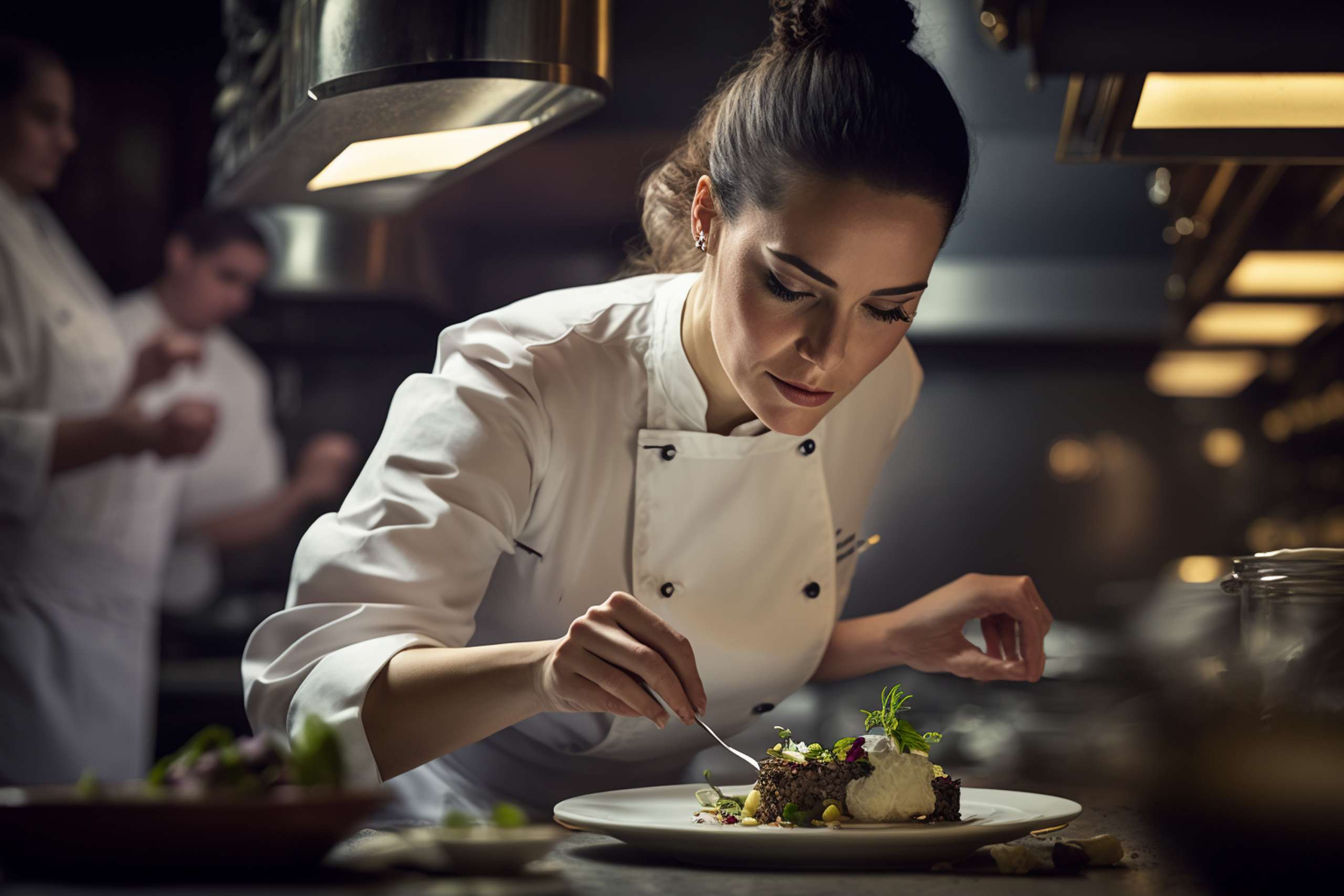 Chef preparing a dish in high-end restaurant kitchen.