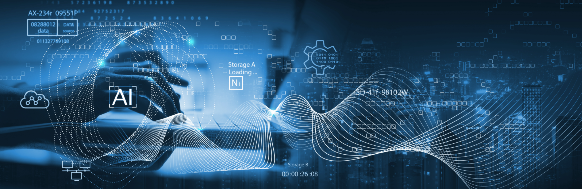 A concept image of AI, featuring soundwaves, images of robotics on a blue background.