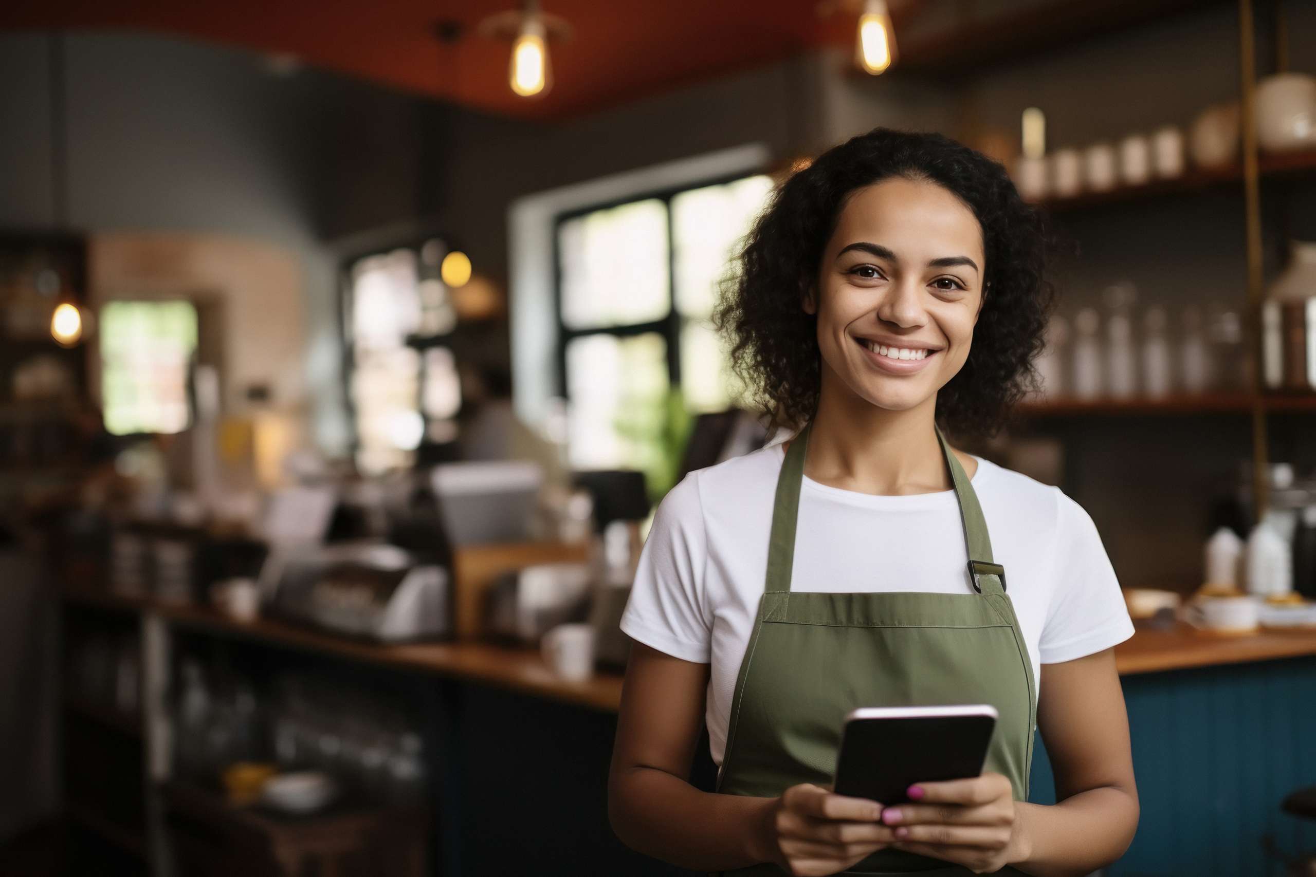 Young female shop owner holding tablet