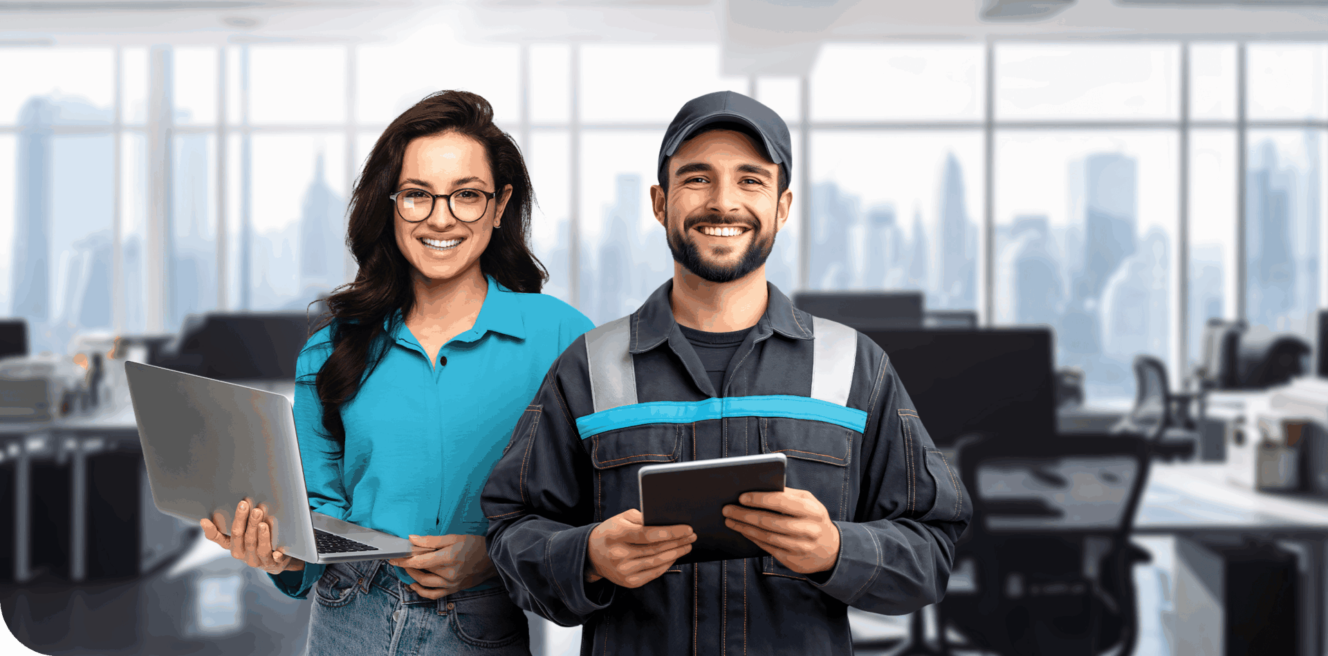 Employees in the office, with computers to work together on a project.
