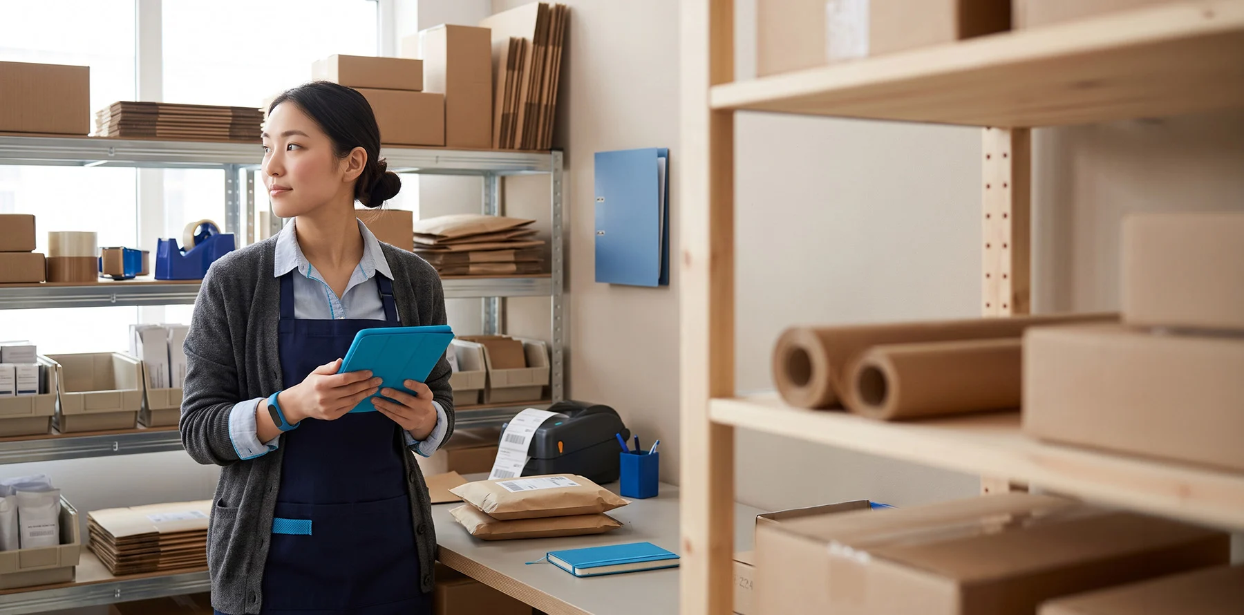 An ecommerce business owner with a business device and business stocks on premises