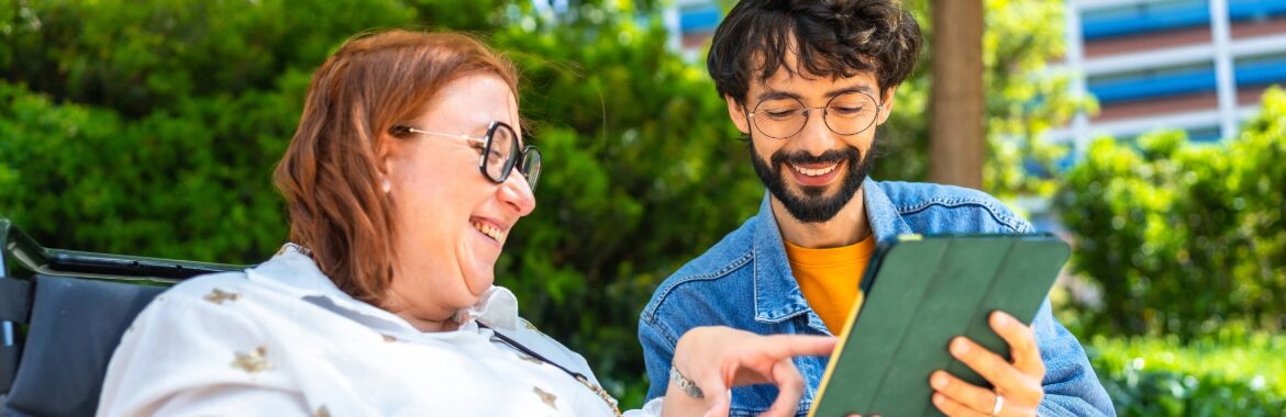 A support worker with an elderly female.