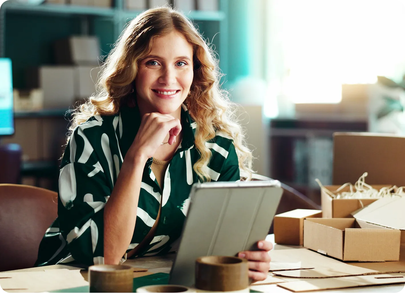 A business women looking at a tablet device