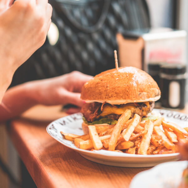 Burger and hot ships on the table